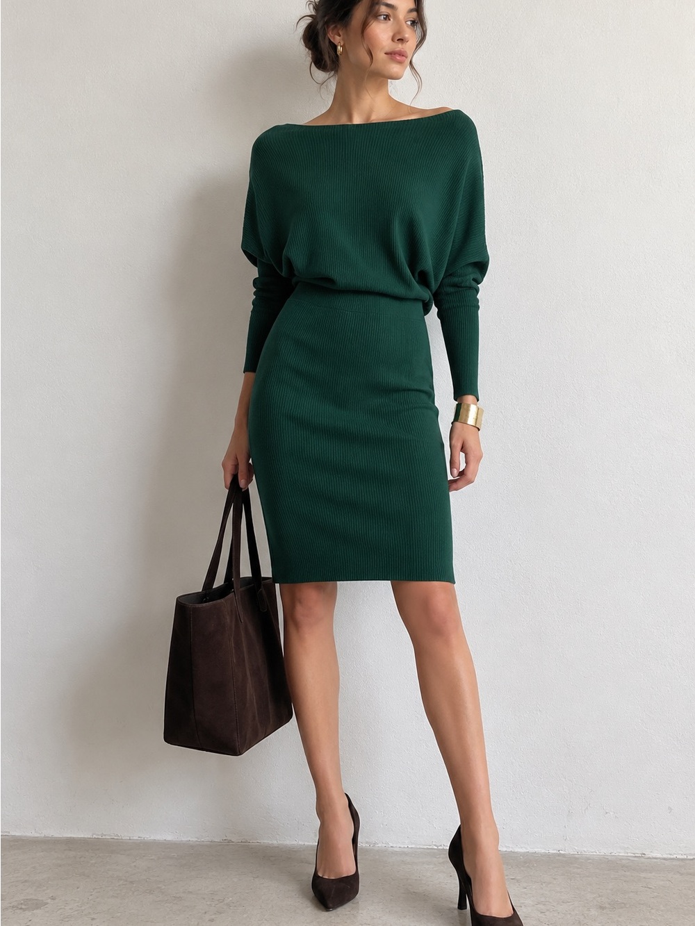 Banana Republic Forest Green Ribbed Knit Sweater Dress XS Petite Off-shoulder